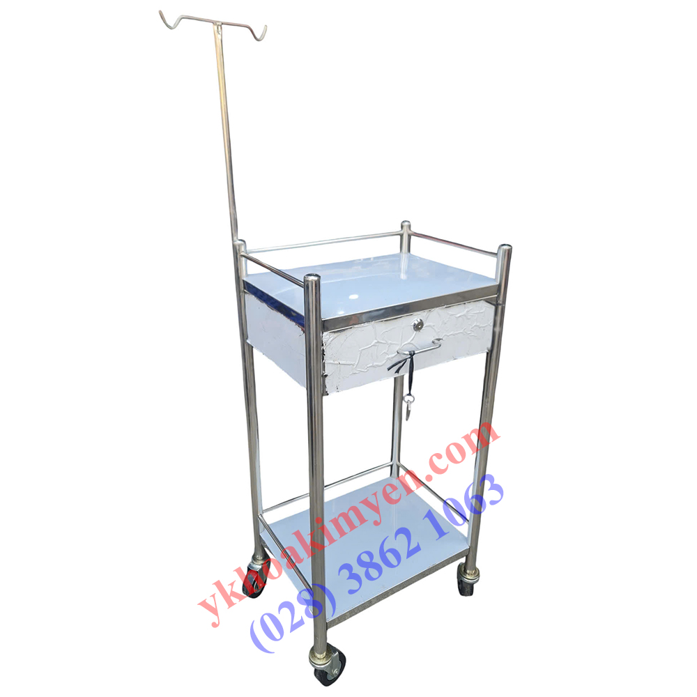 Xe đẩy dụng cụ 30x40cm 2 tầng, có 1 hộc kéo, có cây truyền dịch Xe đẩy dụng cụ 30x40cm 2 tầng, có 1 hộc kéo, có cây truyền dịch