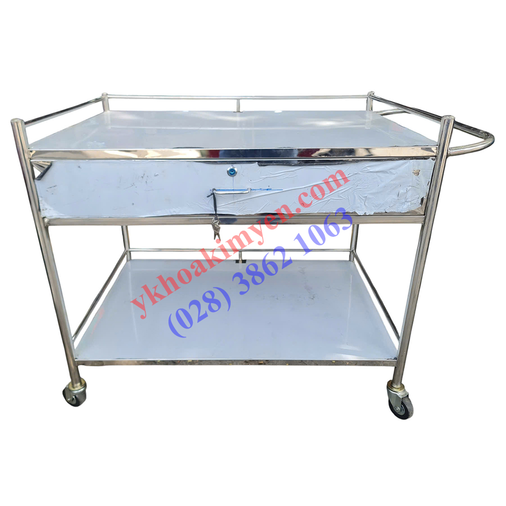 Xe đẩy dụng cụ y tế 50x80cm 2 tầng có hộc kéo có tay đẩy Xe đẩy dụng cụ y tế 50x80cm 2 tầng có hộc kéo có tay đẩy