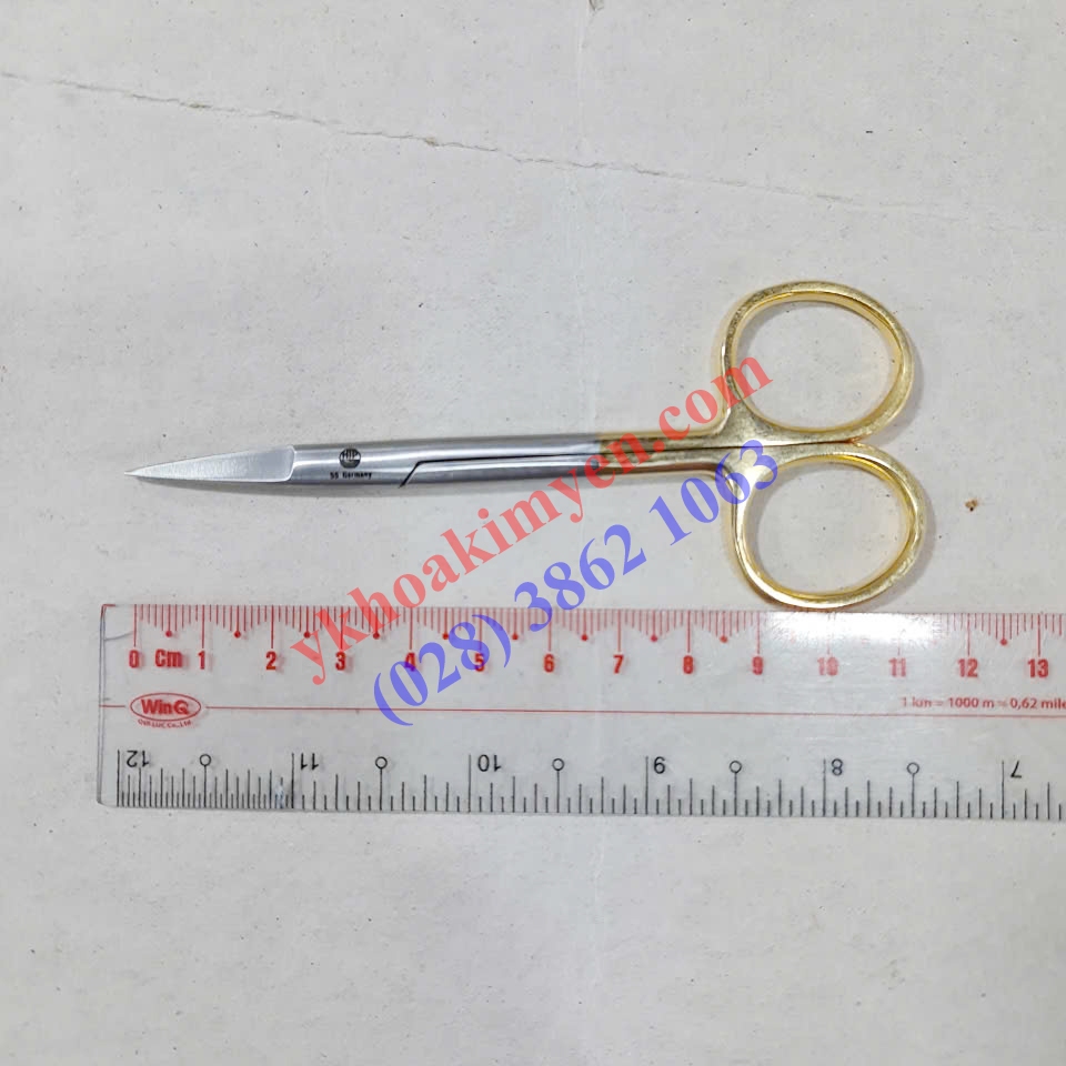 Kéo y tế 11.5cm thẳng 2 đầu nhọn - Cán vàng TC