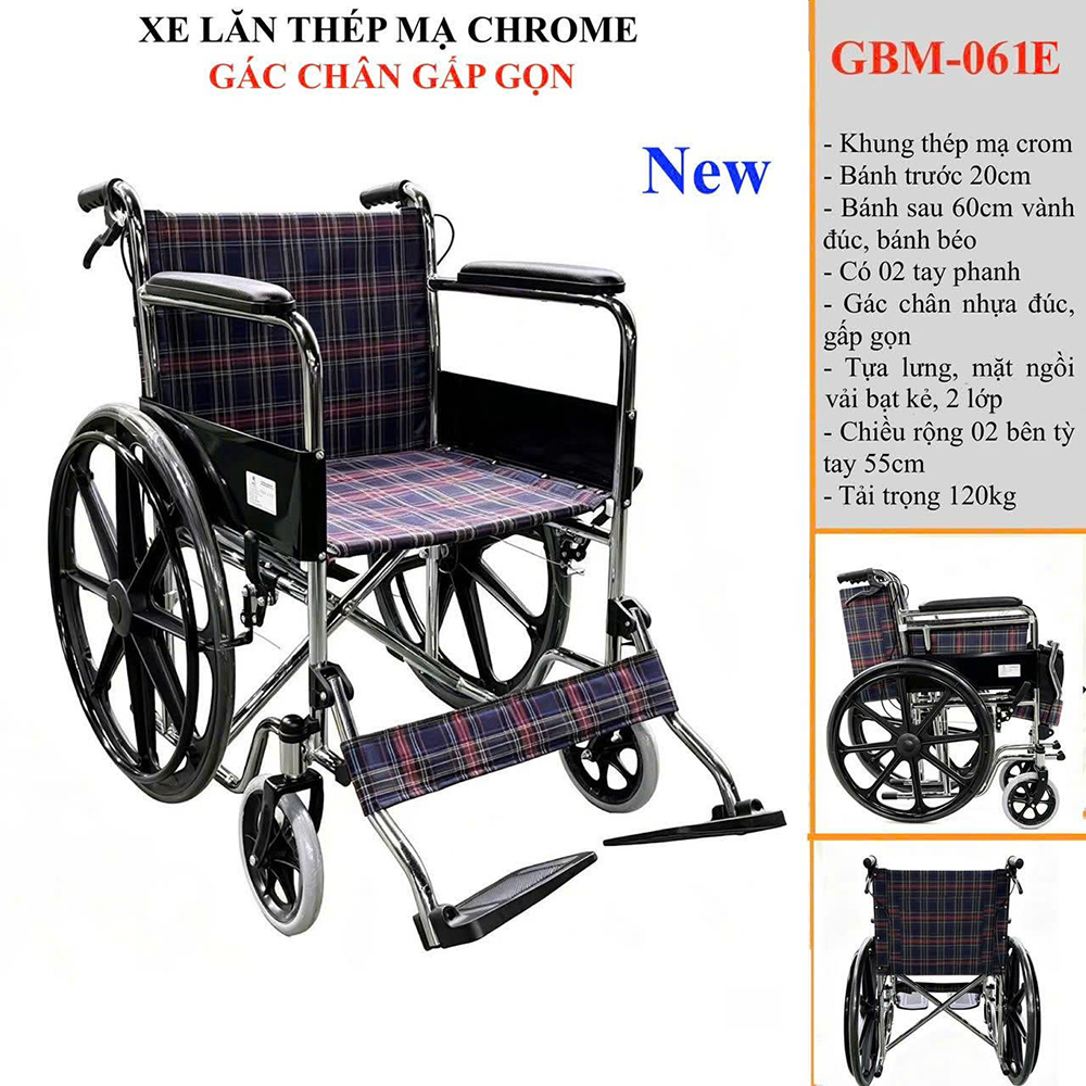 Xe lăn khung thép mạ Chrome GBM-061E bánh mâm Xe lăn khung thép mạ Chrome GBM-061E bánh mâm