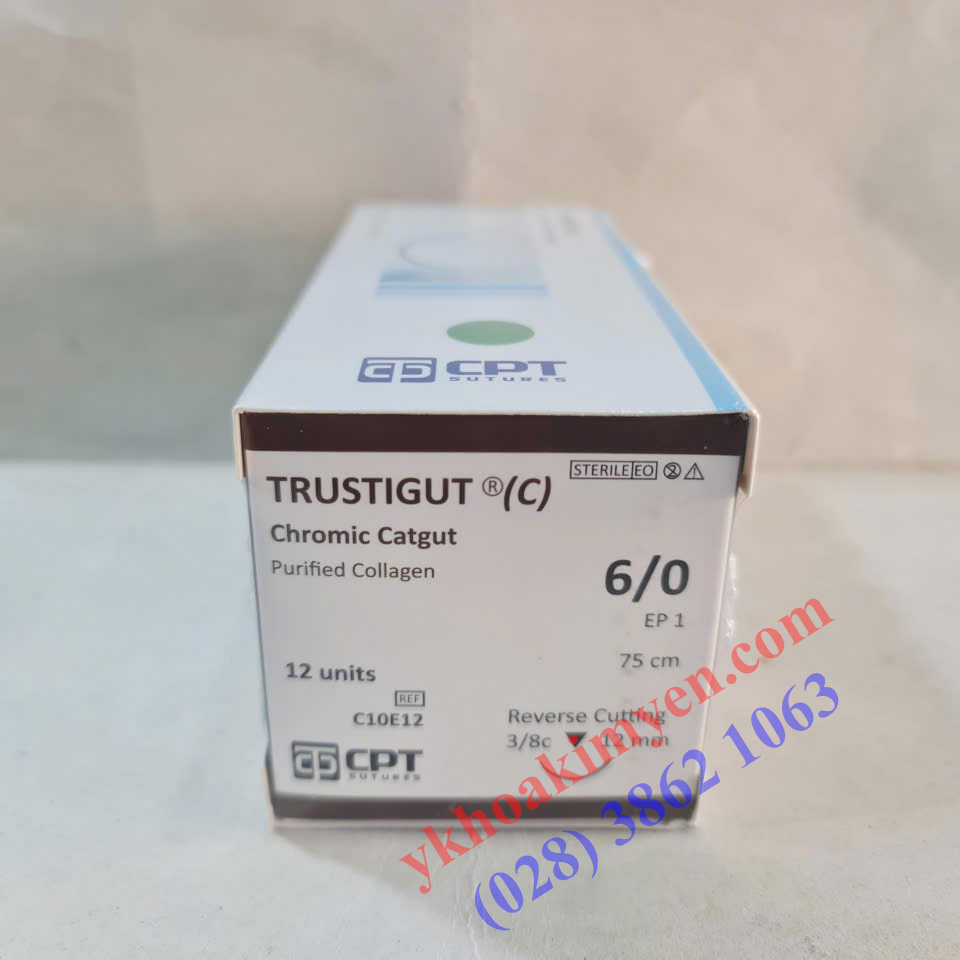 Chỉ Trustigut Chromic Catgut số 6/0 kim tam giác C10E12 (Hộp 12 tép)