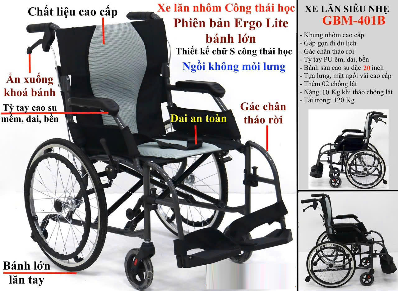 Xe lăn nhôm du lịch cao cấp GBM-401B (bánh lớn) Xe lăn nhôm du lịch cao cấp GBM-401B (bánh lớn)