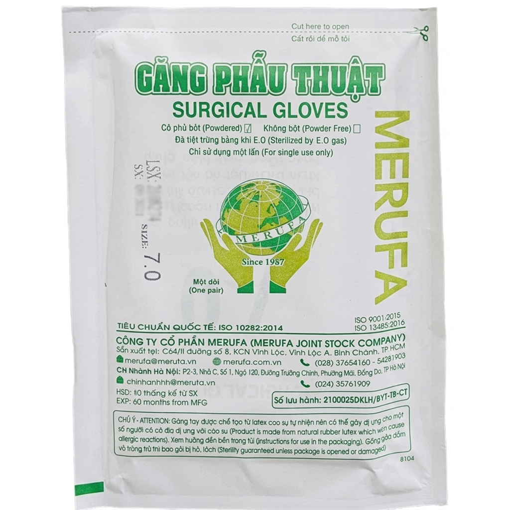 Găng phẫu thuật tiệt trùng Merufa size 7.5 (Hộp 50 đôi) Găng phẫu thuật tiệt trùng Merufa size 7.5 (Hộp 50 đôi)
