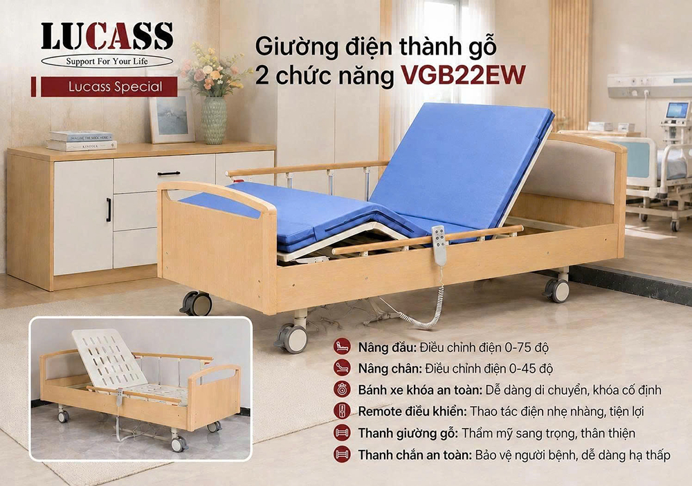 Giường bệnh thành gỗ 2 tay quay Lucass VGB21W Giường bệnh thành gỗ 2 tay quay Lucass VGB21W