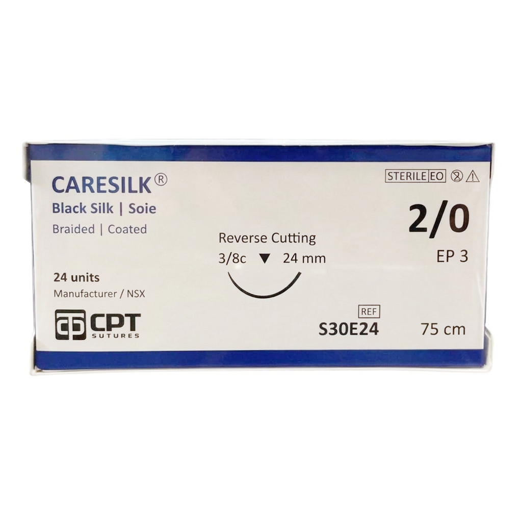 Chỉ phẫu thuật Caresilk Silk 2/0 (S30E24) Kim tam giác (Hộp 24 tép) Chỉ phẫu thuật Caresilk Silk 2/0 (S30E24) Kim tam giác (Hộp 24 tép)