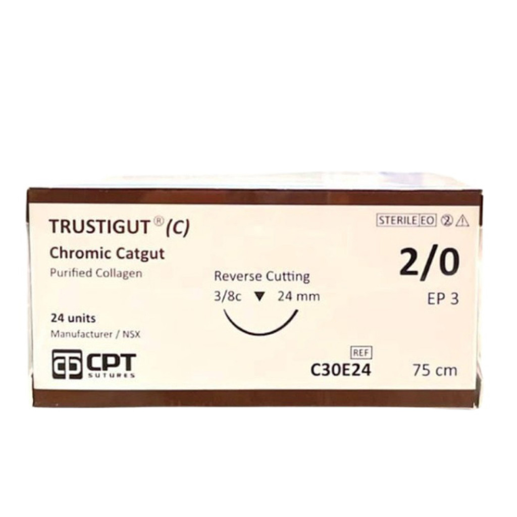 Chỉ Trustigut Chromic Catgut số 2/0 kim tam giác C30E24 (Hộp 24 tép)