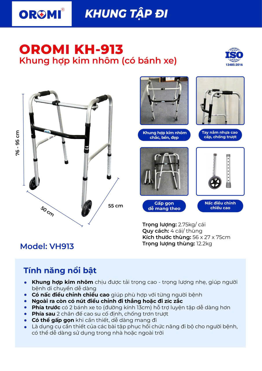 Khung tập đi hợp kim nhôm có bánh xe KH-913 Khung tập đi hợp kim nhôm có bánh xe KH-913