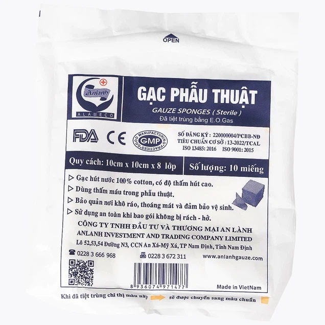 Gạc phẫu thuật An Lành 10cm x 10cm x 8 lớp (10 miếng)