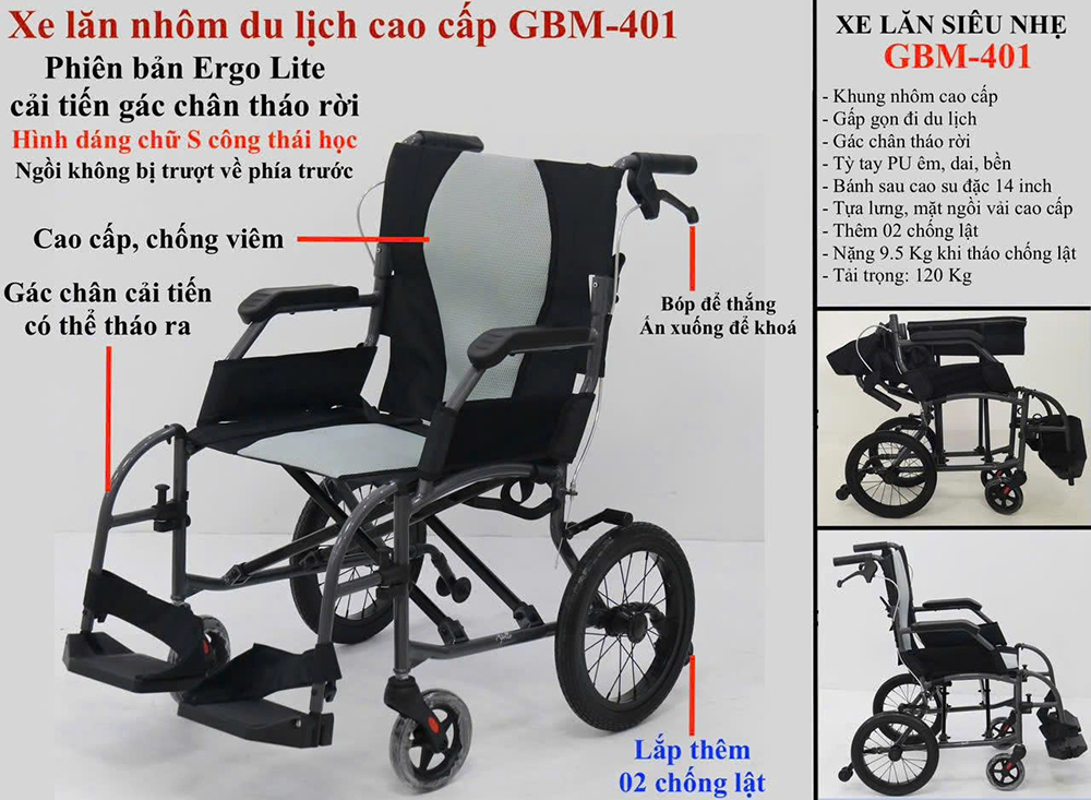 Xe lăn nhôm du lịch cao cấp GBM-401 (bánh nhỏ) Xe lăn nhôm du lịch cao cấp GBM-401 (bánh nhỏ)