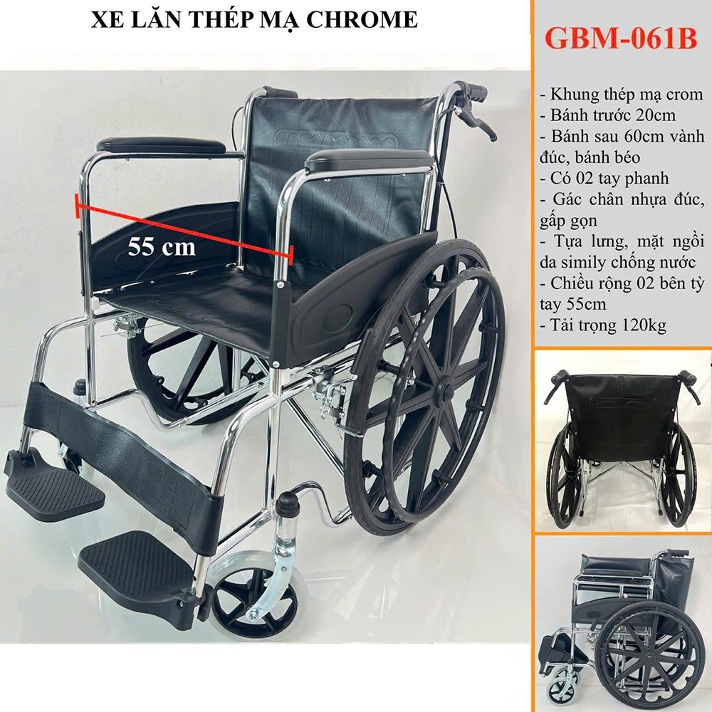 Xe lăn khung thép mạ Chrome GBM-061B bánh mâm Xe lăn khung thép mạ Chrome GBM-061B bánh mâm