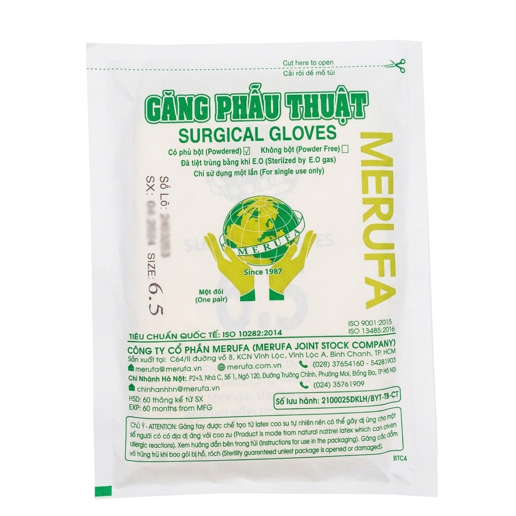 Găng phẫu thuật tiệt trùng Merufa size 6.5 (Hộp 50 đôi) Găng phẫu thuật tiệt trùng Merufa size 6.5 (Hộp 50 đôi)