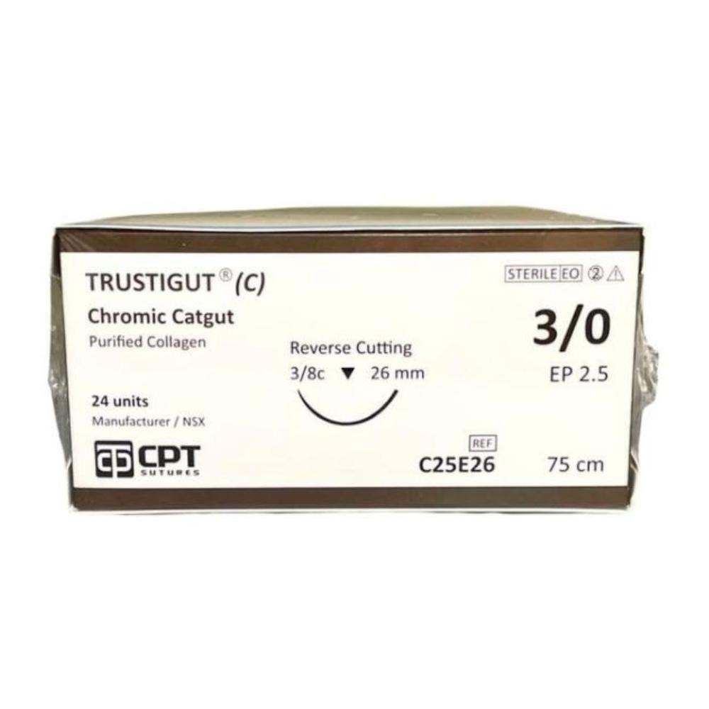 Chỉ Trustigut Chromic Catgut số 3/0 kim tam giác C25E26 (Hộp 24 tép)