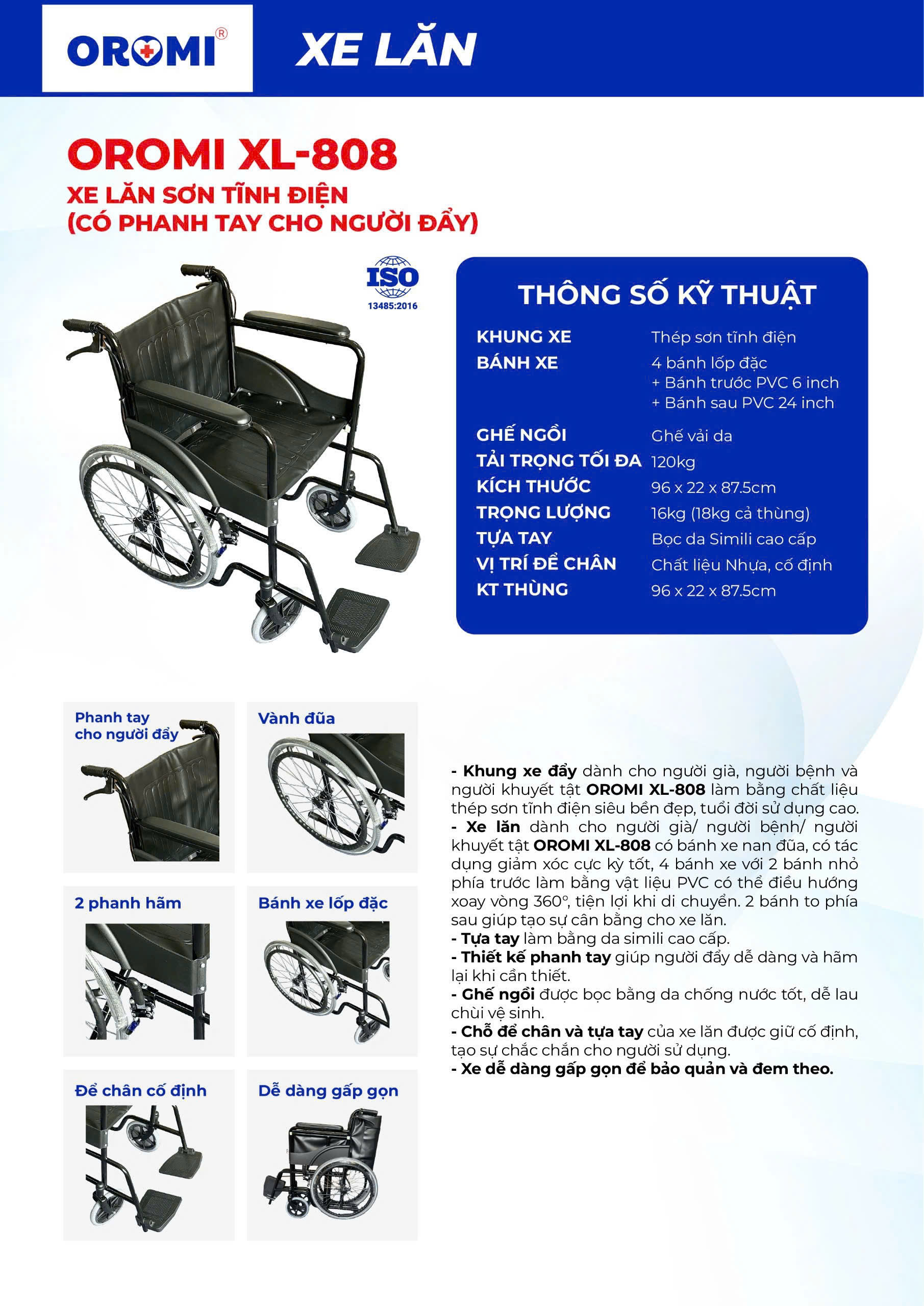 Xe lăn vải simili sơn tĩnh điện Oromi XL-808 Xe lăn vải simili sơn tĩnh điện Oromi XL-808