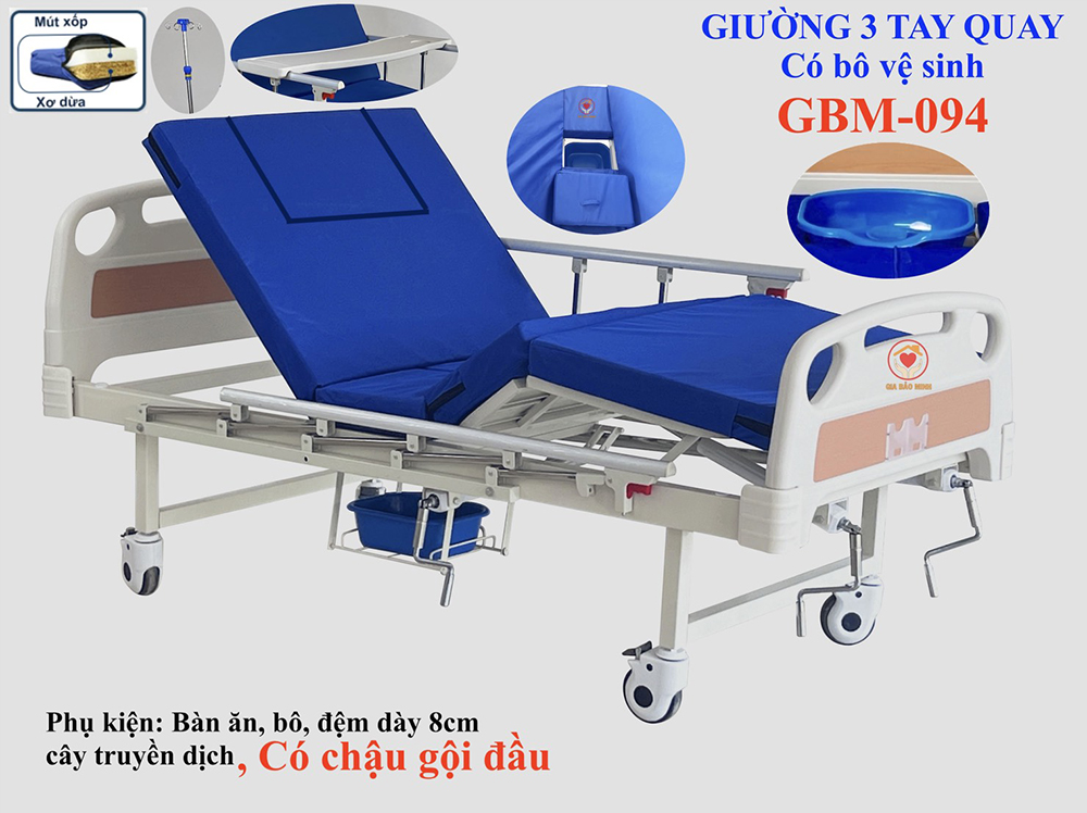 Giường bệnh nhân 3 tay quay có bô vệ sinh GBM-094